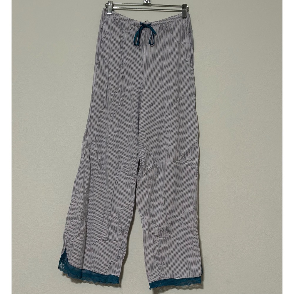 Victorias Secret‎ Striped Pajama Pants Lace Trim Blue White Drawstring Size S